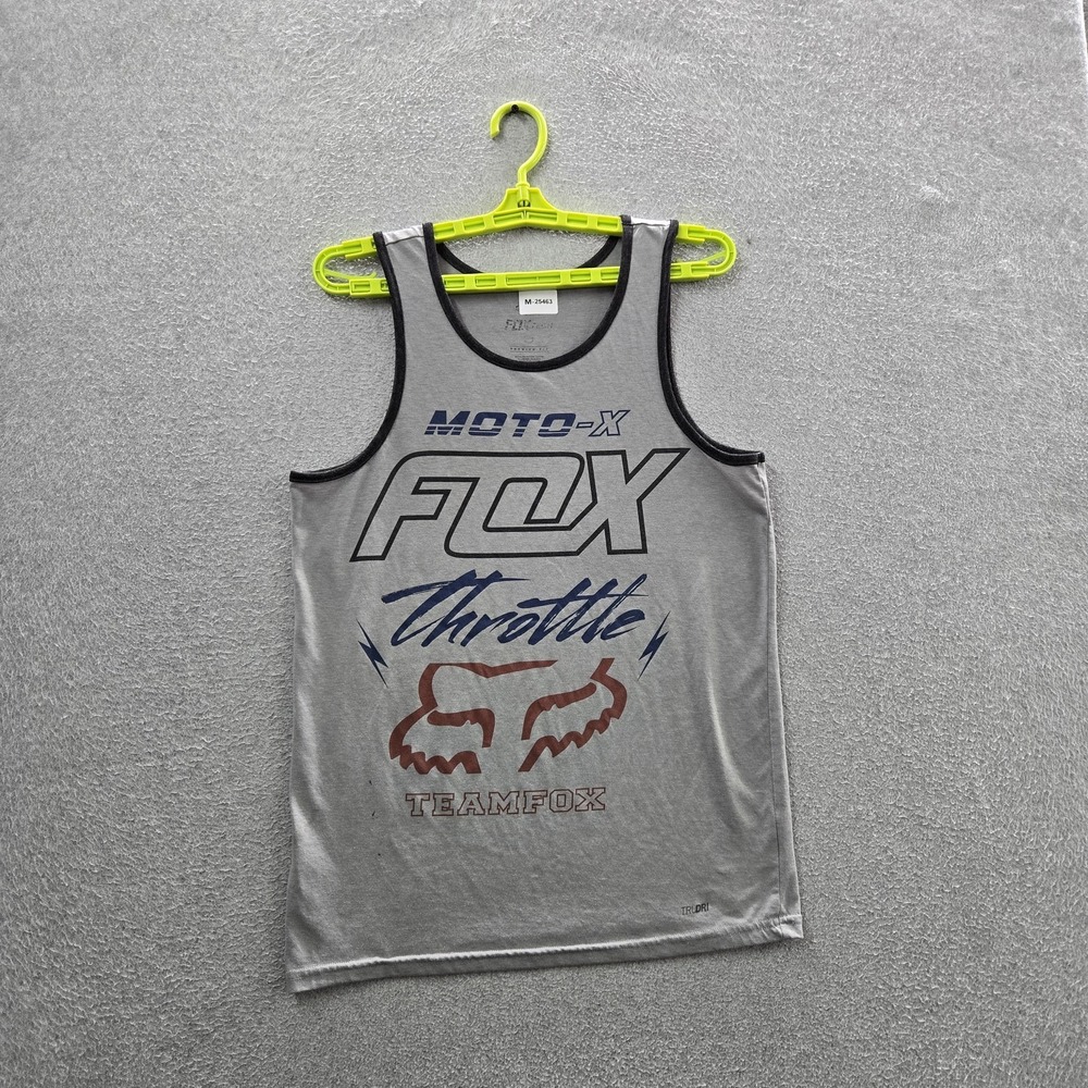Fox Men Tank Top Gray M Graphic Moto-X Grunge Logo Premium Fit Throttle